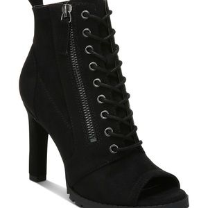 Bar III, Open-toe flash, edgy hardware high heels and lug soles accent lace up.